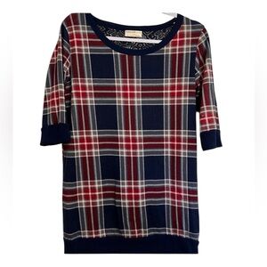 Bobbie Brooks Ladies Red & Navy Blue Plaid Women’s Thin Sweater Top Large